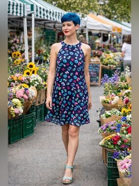 Betsey Johnson Navy Floral Swing Dress Size 2 Sleeveless Fit & Flare